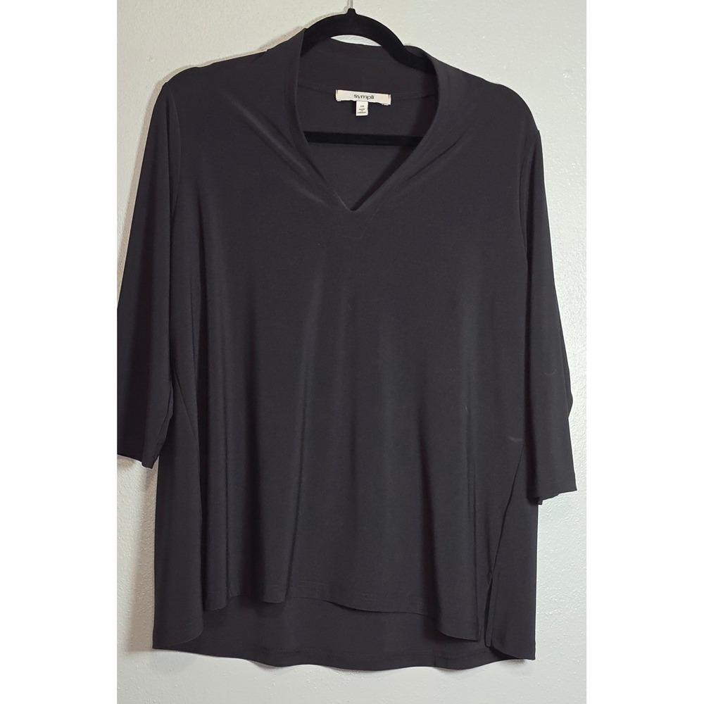 Sympli Women 10 Black Jersey V-Neck 3/4 Sleeve Side Slit Top Made in Canada
